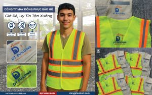 Công nhân mặc áo phản quang bảo hộ màu vàng cam có logo DT Building từ KORI UNIFORM